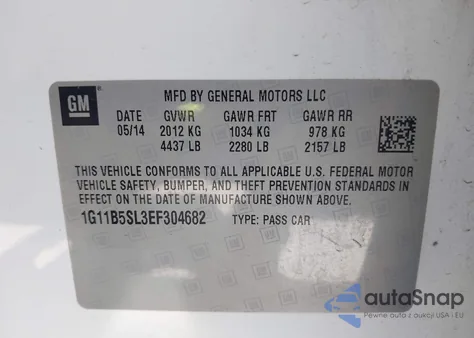 2014 Chevrolet Malibu 1Ls из США, поврежденный, VIN 1G11B5SL3EF304682